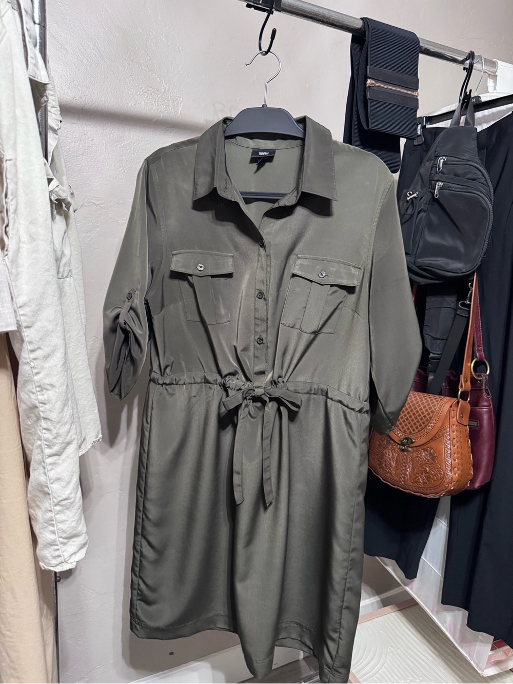 Olive Green Tie-Waist Shirt Dress